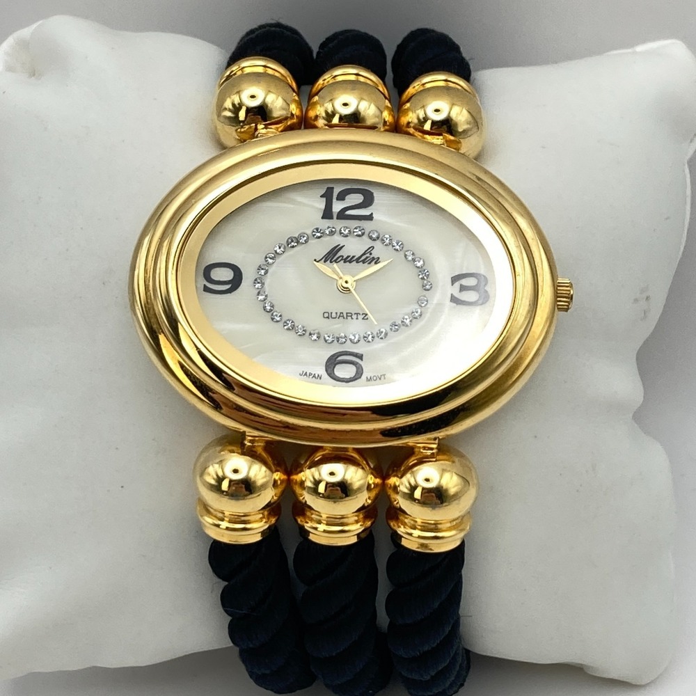 Vintage Moulin Women's Watch 44mm Gold Tone MOP Dial Satin Cord New Battery 6.5"